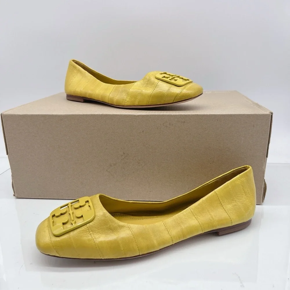 Tory Burch Georgia Women's Ballet Flats Square Toe Logo Yellow Leather US 6.5